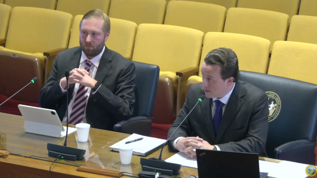 Eric Peterson (left), senior manager of policy and government relations at Kraken Americas Digital Asset Exchange, and Dan Spuller, executive vice president of industry aﬀairs at the Blockchain Association, spoke before a recent House Committee on Blockchain and Digital Assets. Source: N.C. General Assembly livestream