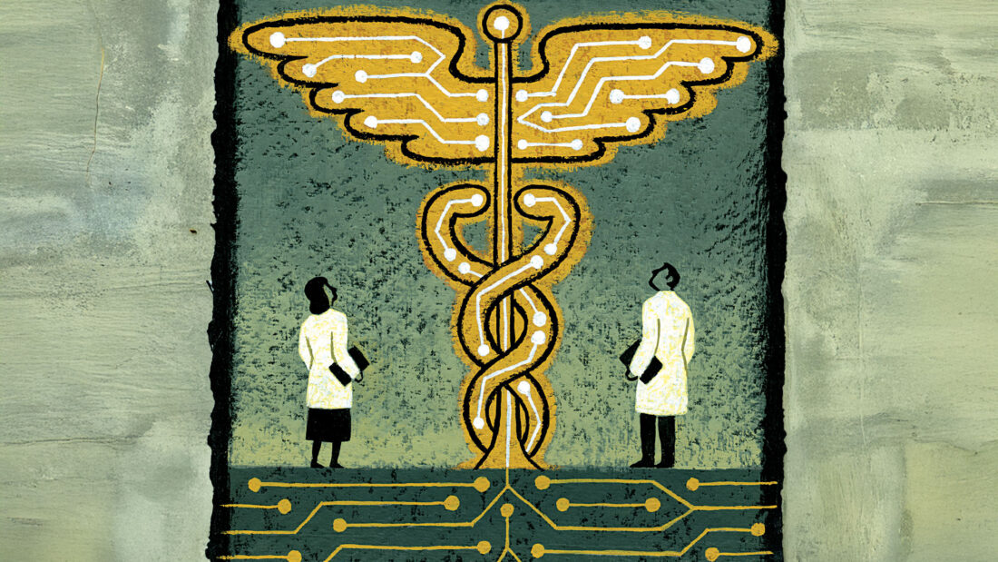 Illustration of doctors looking at a medical symbol - Quality of Care is the priority