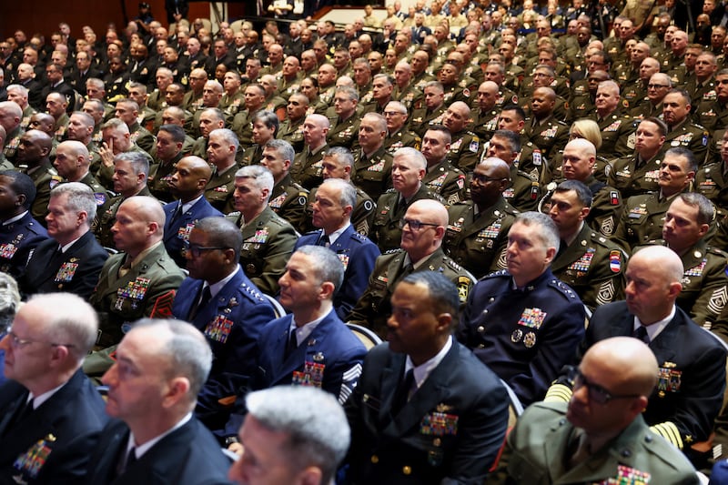 Members of the military attend a meeting convened by U.S. Defense Secretary Pete Hegseth, at Marine Corps Base Quantico, in Quantico, Virginia, U.S., September 30, 2025.