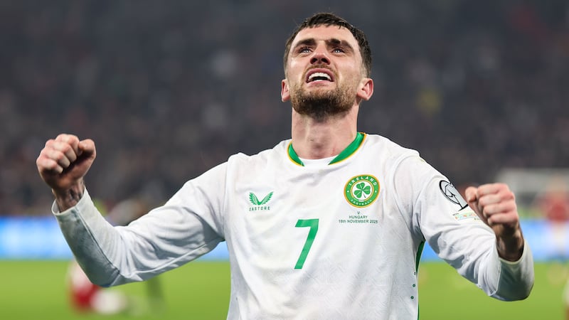 Troy Parrott celebrates after Ireland's win over Hungary. Photograph: Stephen Gormley/Inpho