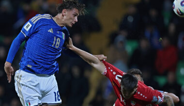 Francesco Pio Esposito scores for Italy against Moldova in the 2026 World Cup qualifier (@azzurri)