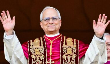 Pope Leo XIV, Robert Prevost arrives on the main central loggia balcony of the St Peter&#039;s Basilica