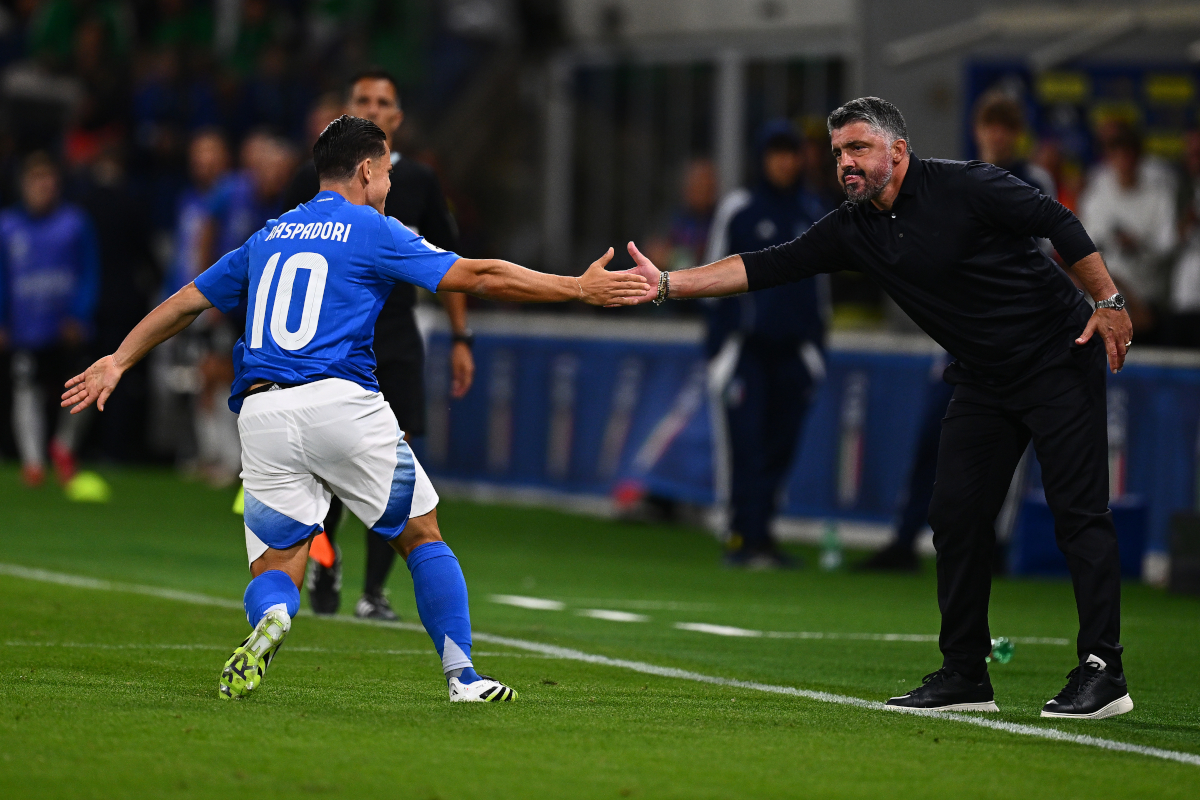 BERGAMO, ITALY - SEPTEMBER 05: Giacomo Raspadori of Italy celebrates with teammates after scoring his team