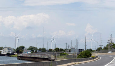 Wind turbines are visible from the highway in Atlantic City, N.J. Credit: Rachel Wisniewski/The Washington Post
