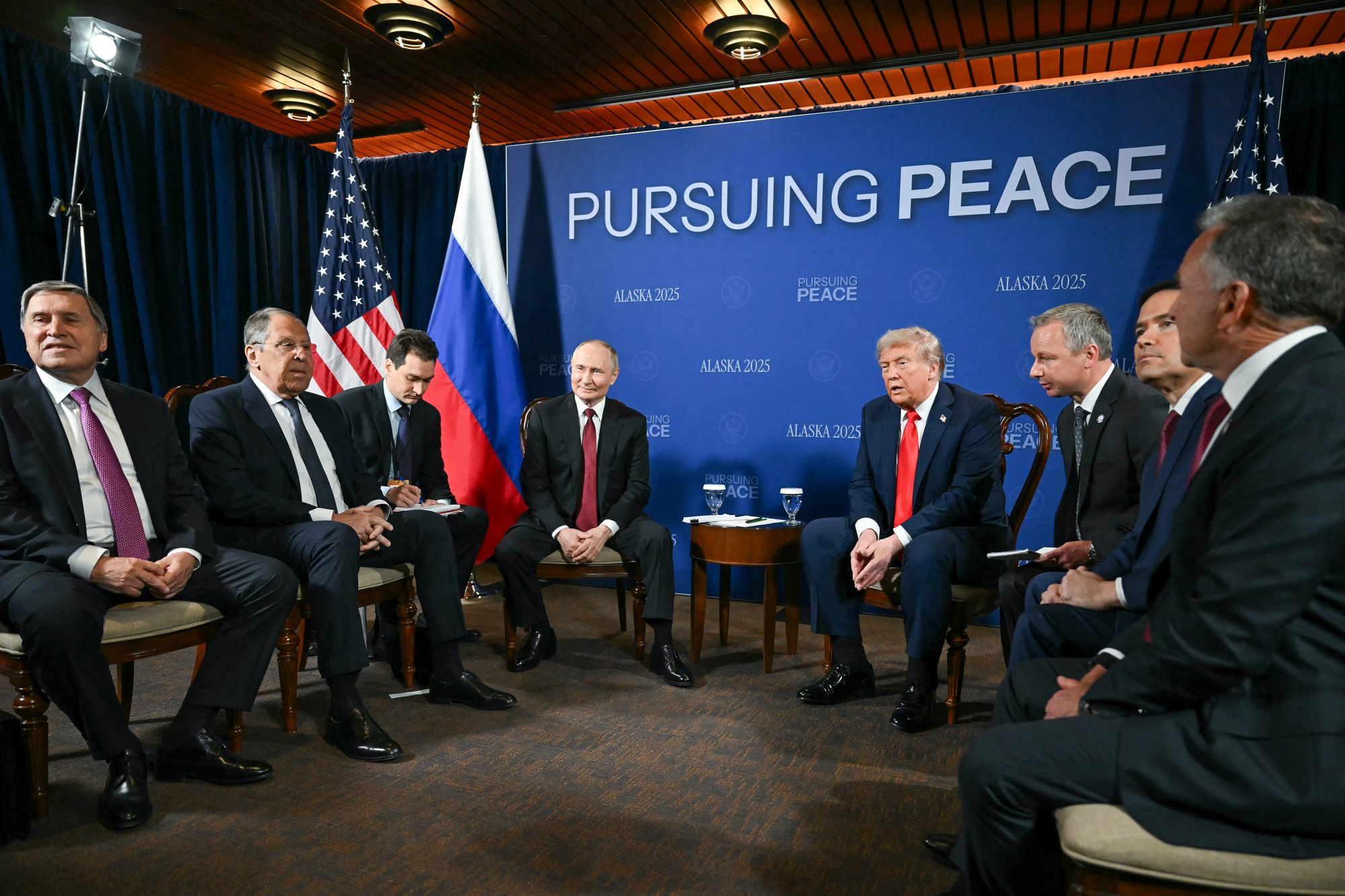 US and Russian delegation during a US-Russia summit on Ukraine at Joint Base Elmendorf-Richardson in Anchorage, Alaska