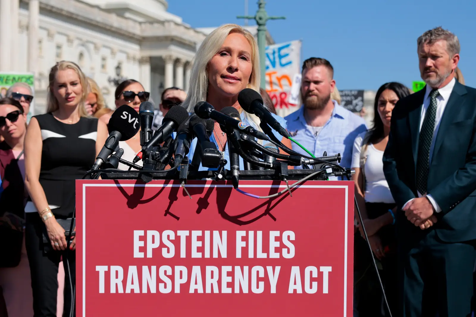 Rep. Marjorie Taylor Greene (R-GA) speaks during a news conference with 10 of the alleged victims of disgraced financier and sex trafficker Jeffrey Epstein outside the U.S. Capitol on September 03, 2025 in Washington, DC. Rep. Thomas Massie (R-KY) and Rep. Ro Khanna (D-CA ) have introduced the Epstein List Transparency Act to force the federal government to release all unclassified records from the cases of Epstein and his associate, Ghislaine Maxwell
