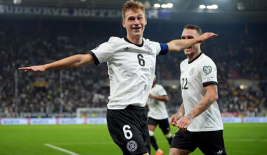 SINSHEIM, GERMANY - OCTOBER 10: Joshua Kimmich of Germany celebrates scoring his team's fourth goal with teammate David Raum during the FIFA World Cup 2026 Qualifier match between Germany and Luxembourg at PreZero-Arena on October 10, 2025 in Sinsheim, Germany. (Photo by Pau Barrena/Getty Images)
