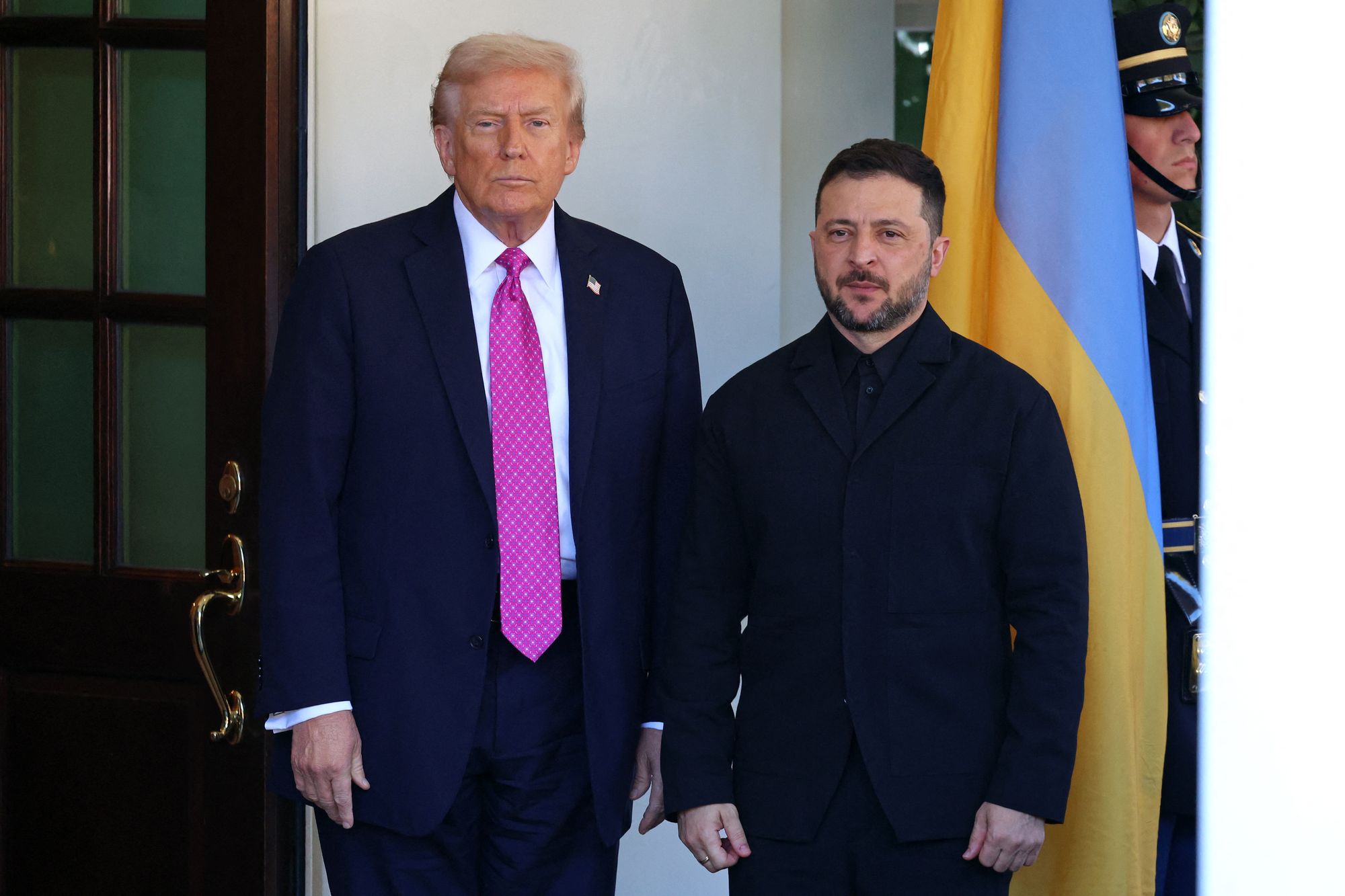 President Donald Trump welcomes Ukrainian President Volodymyr Zelensky as he arrives for a meeting at the White House in Washington, DC, on October 17, 2025