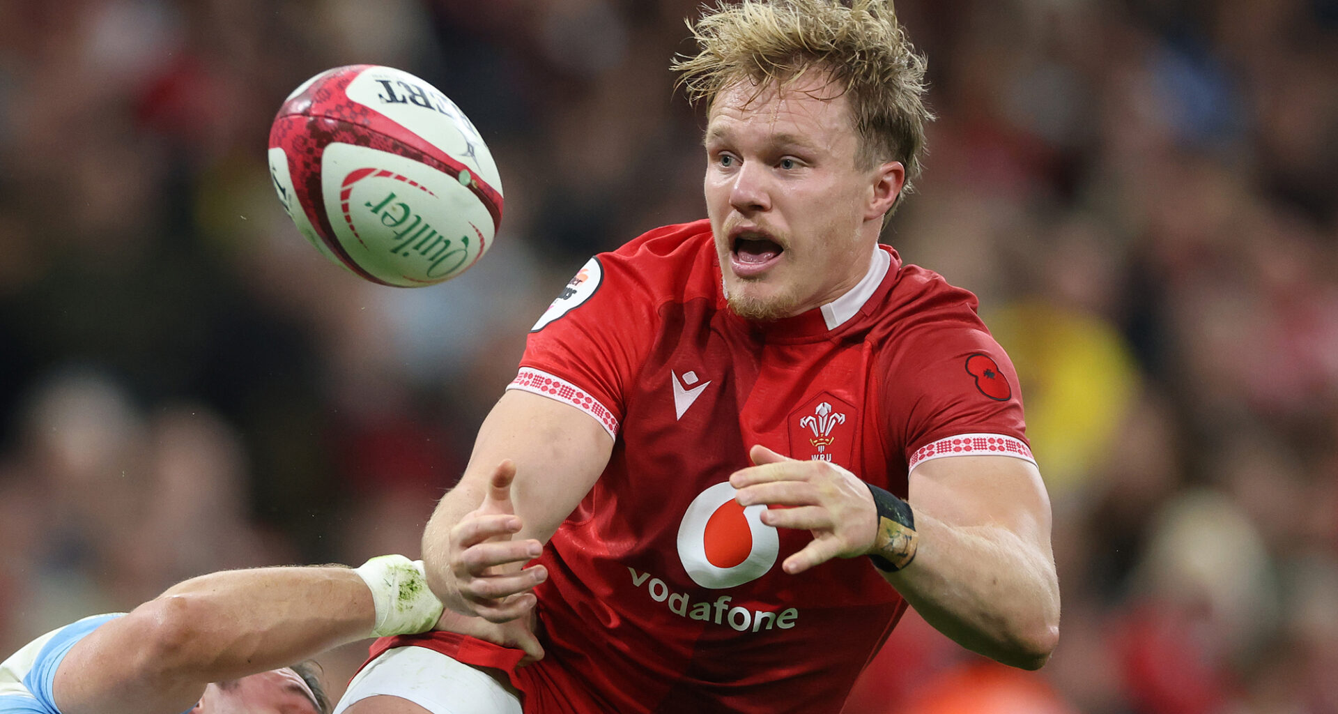 Wales' Blair Murray off loads during the 2025 Quilter Nations Series match against Argentina