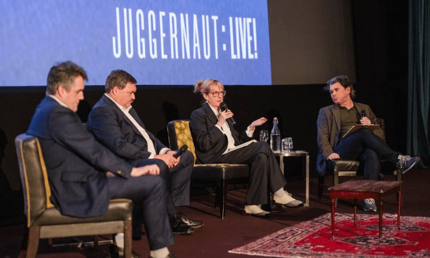 Chris Bishop, Chris Wikaira, Linda Clark and Toby Manhire sit on the stage of The Embassy theatre.
