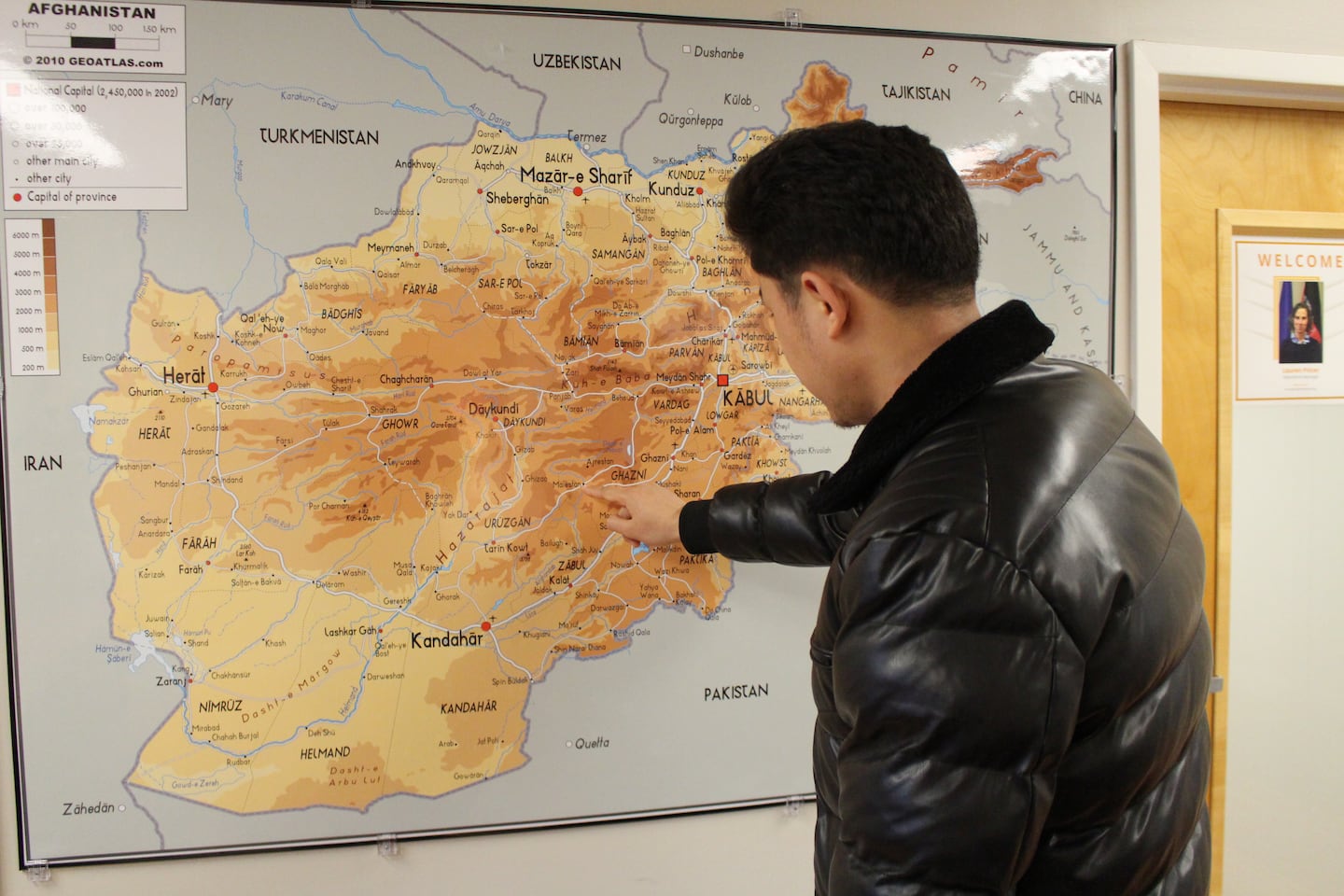 Mohammad, an Afghan immigrant, pointed to his home region in Ghazni Province on a map in the Vermont Afghan Alliance offices in Burlington on Nov. 12.