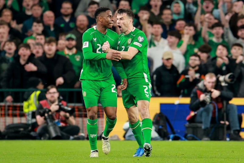 Republic of Ireland's Chiedozie Ogbene and Séamus Coleman at the Aviva Stadium on Thursday. Photograph: Nick Elliott/Inpho