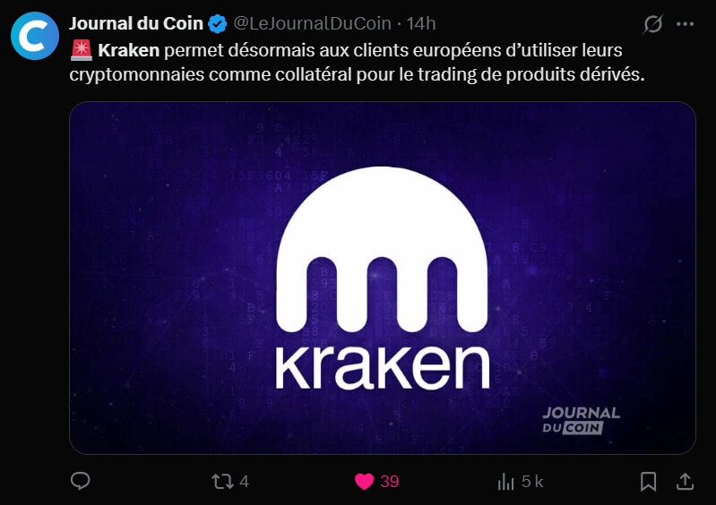 L’exchange Kraken a annoncé une nouvelle fonctionnalité qui pourrait bien changer la donne pour les traders de cryptomonnaies en Europe. Désormais, ses utilisateurs pourront utiliser leurs actifs numériques comme garantie sur la plateforme de dérivés réglementée par la directive MiFID. Cette décision marque une étape importante dans l’offre de Kraken, qui avait déjà lancé le trading de dérivés en mai dernier.