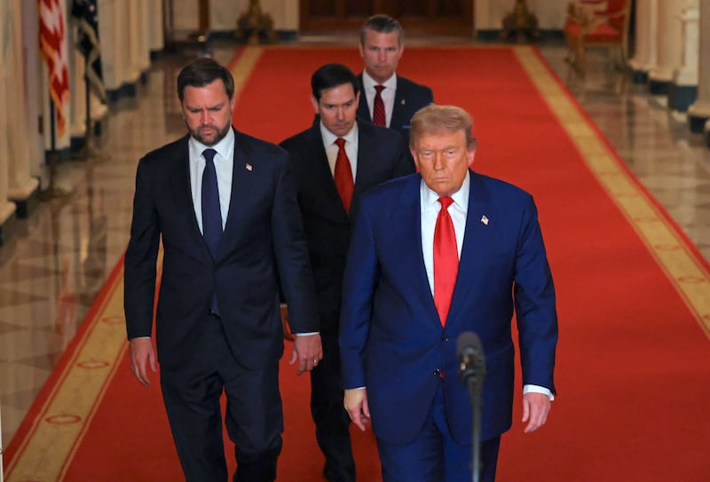 US President Donald Trump (R) arrives to address the nation, alongside US Vice President JD Vance (L), US Secretary of State Marco Rubio (C) and US Secretary of Defense Pete Hegseth (2nd R), from the White House in Washington, DC on June 21, 2025, following the announcement that the US bombed nuclear sites in Iran. President Donald Trump said June 21, 2025 the US military has carried out a "very successful attack" on three Iranian nuclear sites, including the underground uranium enrichment facility at Fordo. "We have completed our very successful attack on the three Nuclear sites in Iran, including Fordow, Natanz, and Esfahan," Trump said in a post on his Truth Social platform. (Photo by Carlos Barria / POOL / AFP) (Photo by CARLOS BARRIA/POOL/AFP via Getty Images)