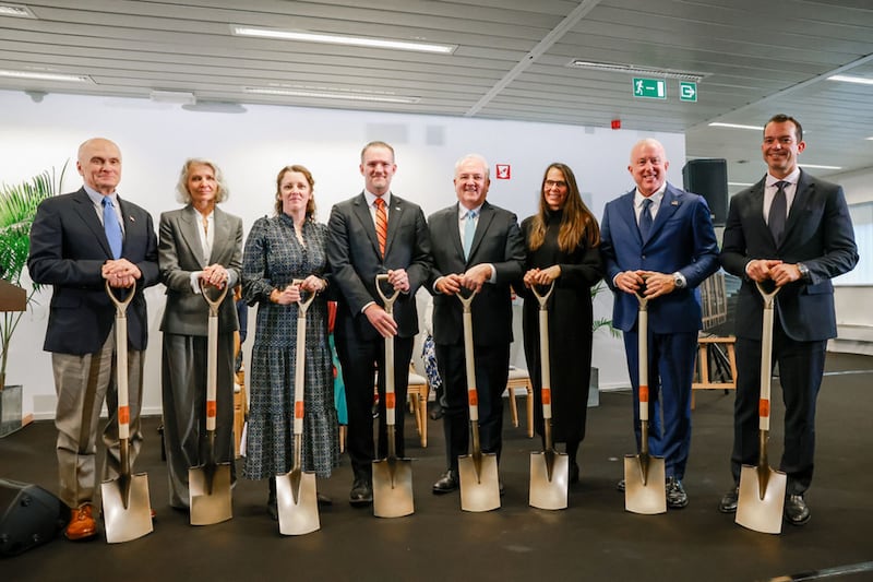 Elder Jack N. Gerard, a General Authority Seventy, fourth from right; and his wife, Sister Claudette Gerard, third from right, stand with ambassadors and their spouses at the site dedication of the Brussels Belgium Temple in Brussels, Belgium, on Saturday, Nov. 22, 2025.