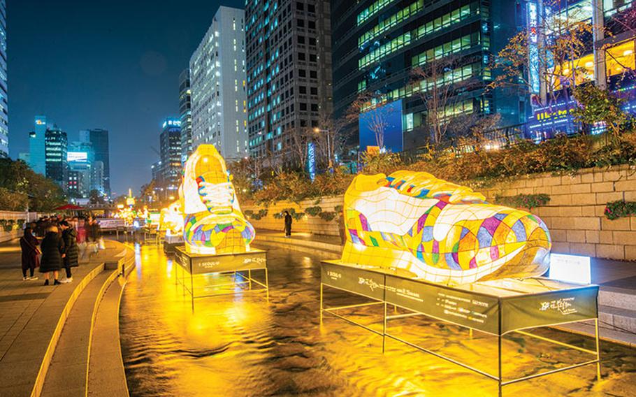 There are some shoe-shaped illuminations on the river.