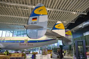 The tail unit has now been mounted on the Lockheed L-1649A Super Star