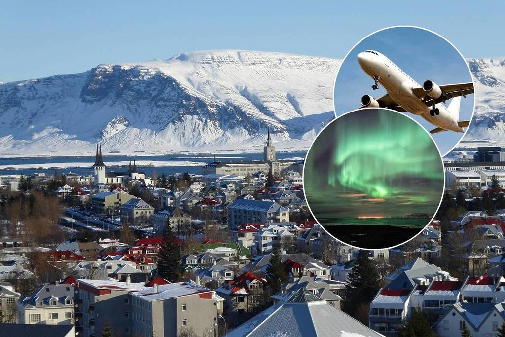 Reykjavík, Iceland; Northern lights; airplane