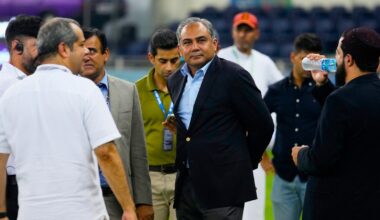 Pakistan's Minister of Interior and President of the Asian Cricket Council Mohsin Naqvi, center, stands with officials on the field after India won the Asia Cup cricket final against Pakistan at Dubai International Cricket Stadium, United Arab Emirates, Sunday, Sept. 28, 2025. (AP Photo)