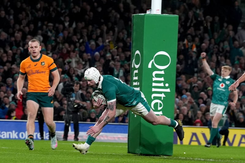 Ireland’s Mack Hansen scores a try