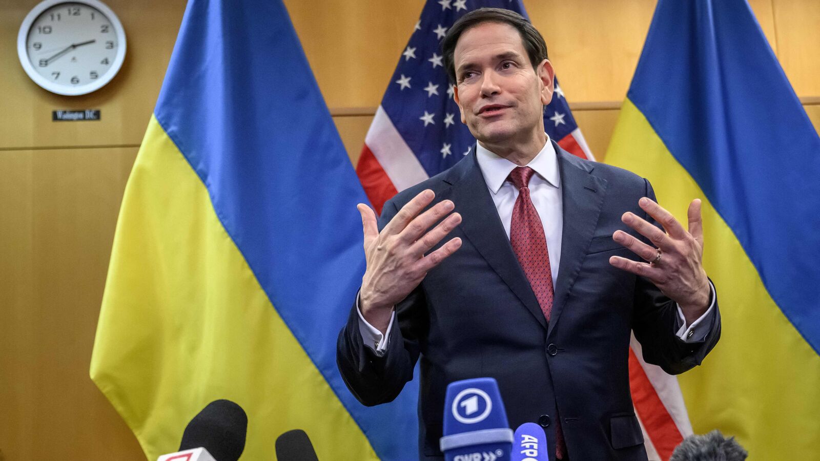 US Secretary of State Marco Rubio holds a press conference following a closed-door talks on a US plan to end the war in Ukraine at the US Mission in Geneva, on November 23, 2025.