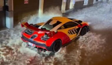 McLaren Senna drives through the flooded streets of Malta