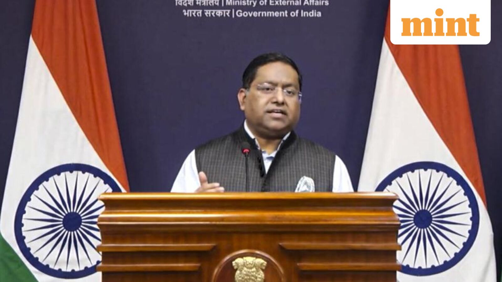 Ministry of External Affairs spokesperson Randhir Jaiswal speaks during a media briefing, in New Delhi