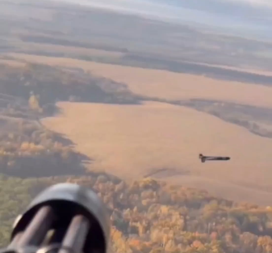 The crew of the Mi-8 helicopter of the Armed Forces of Ukraine shoots down a Russian kamikaze drone "Shahed-136" with fire from the onboard M134 "Minigun"