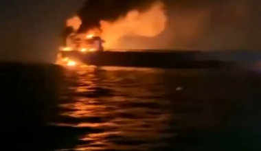 Tanker VIRAT of the Russian shadow fleet  burning after tonight's attack by Ukrainian UAVs