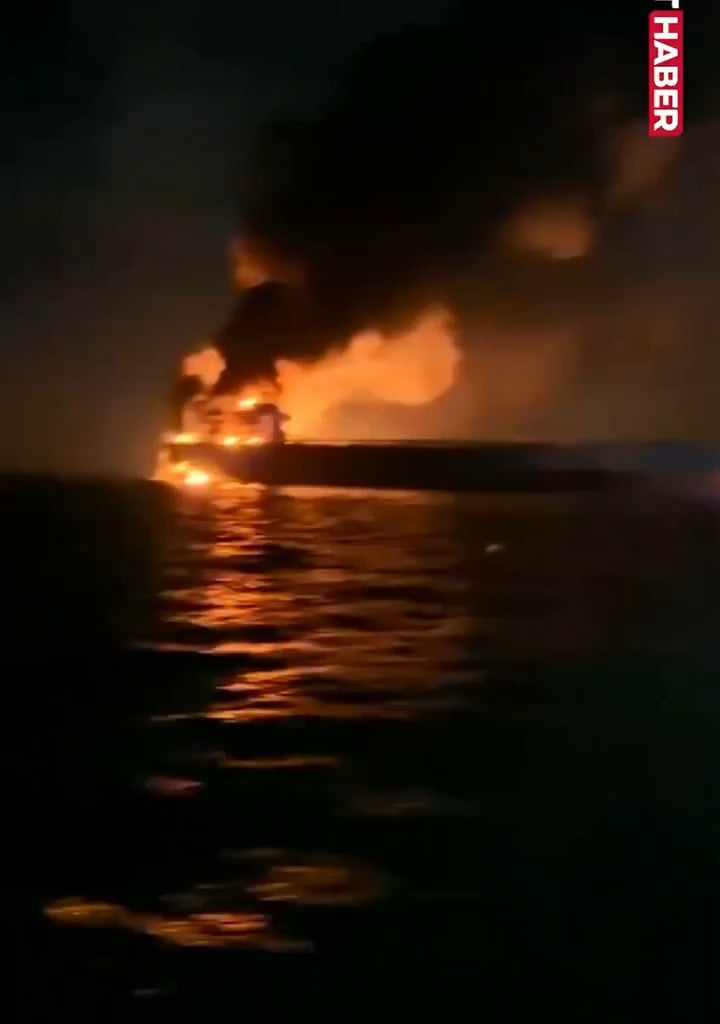 Tanker VIRAT of the Russian shadow fleet  burning after tonight's attack by Ukrainian UAVs