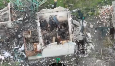 A russian soldier replaces his helmet with a metal pot, he and his comrade are hit by FPVs. Pokrovsk, October 2025.