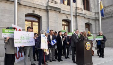 Patrick McDonnell, president and CEO of PennFuture, and Philadelphia Councilmember Jamie Gauthier speak at a lectern Thursday, Nov. 6, 2025, at a rally in support of Pennsylvania joining the Regional Greenhouse Gas Initiative. A budget deal Nov. 12, 2025 officially killed the state's entry into the program.