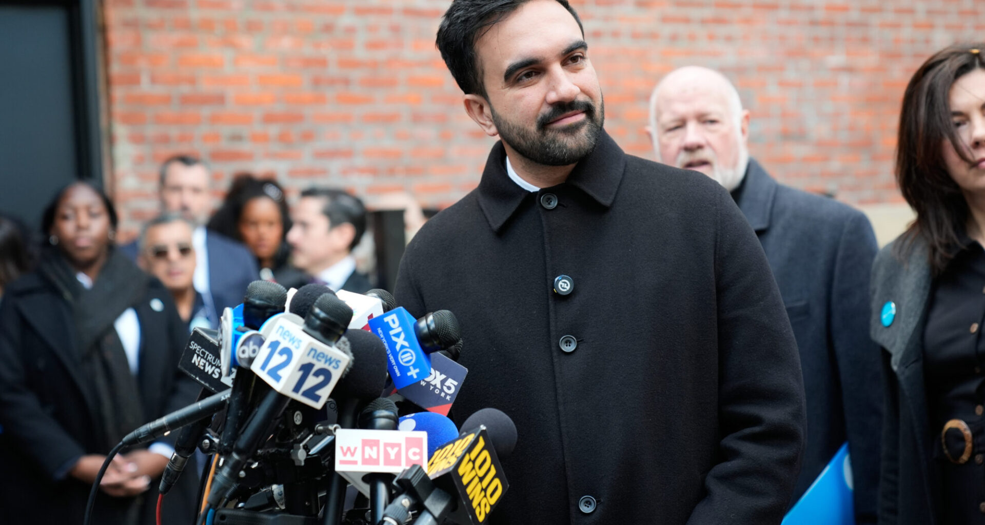 New York City mayor-elect Zohran Mamdani talks to reporters at a news conference in New York, Monda...
