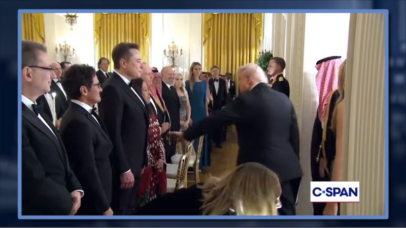 Jimmy Kimmel Live! C-SPAN clip of Trump greeting Musk at dinner event with Saudi Crown Prince.
