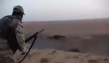 Iraqi soldiers gun down an isis suicide bomber then the bomber shreds himself to pieces after detonation. Talafar, 2017.