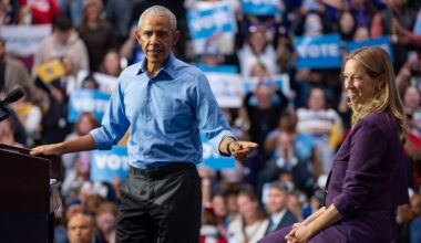 Former President Barack Obama endorses New Jersey Democratic gubernatorial candidate Mikie Sherrill at a campaign rally, Saturday, Nov. 1, 2025, in Newark, N.J. (AP Photo/Angelina Katsanis)