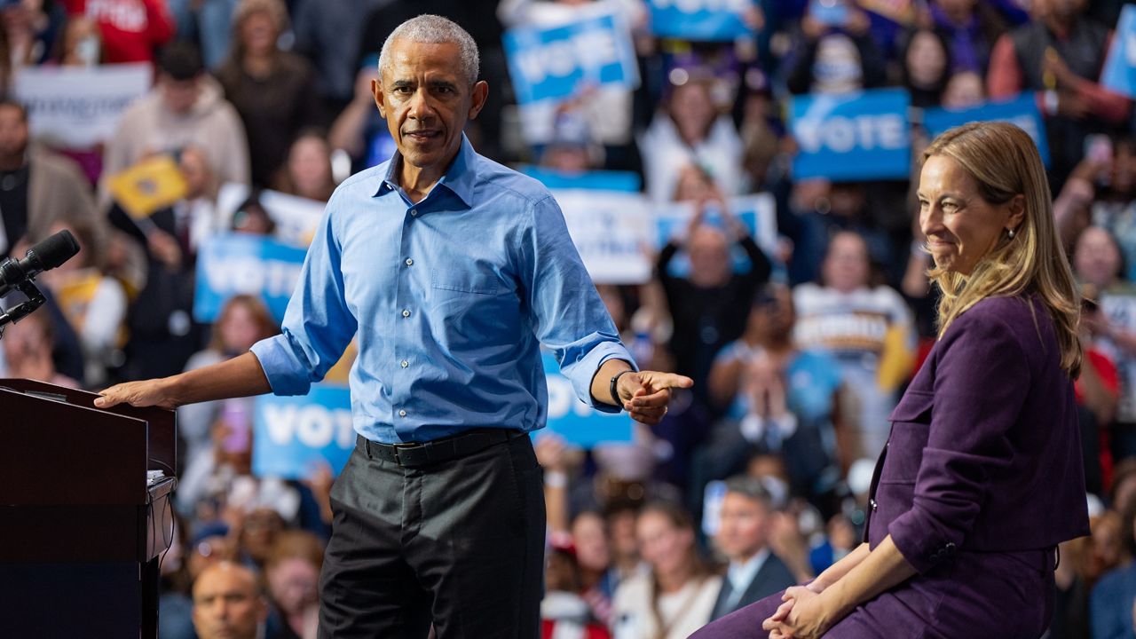 Former President Barack Obama endorses New Jersey Democratic gubernatorial candidate Mikie Sherrill at a campaign rally, Saturday, Nov. 1, 2025, in Newark, N.J. (AP Photo/Angelina Katsanis)