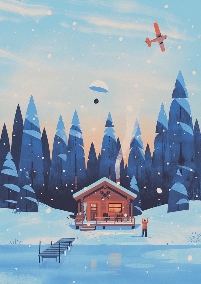 Illustration of a cozy wooden cabin with a glowing window surrounded by tall pine trees covered in snow, snowflakes gently falling, and a soft, pastel sky in the background.
