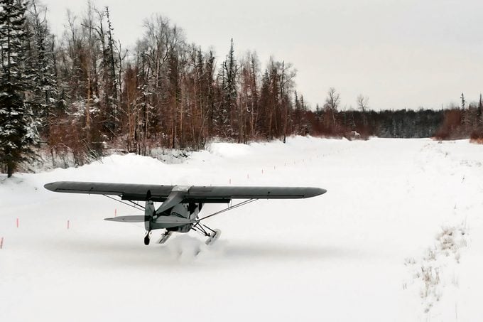 A small airplane with skis for landing gear touches down on a snowy field surrounded by snow-covered trees under an overcast sky.