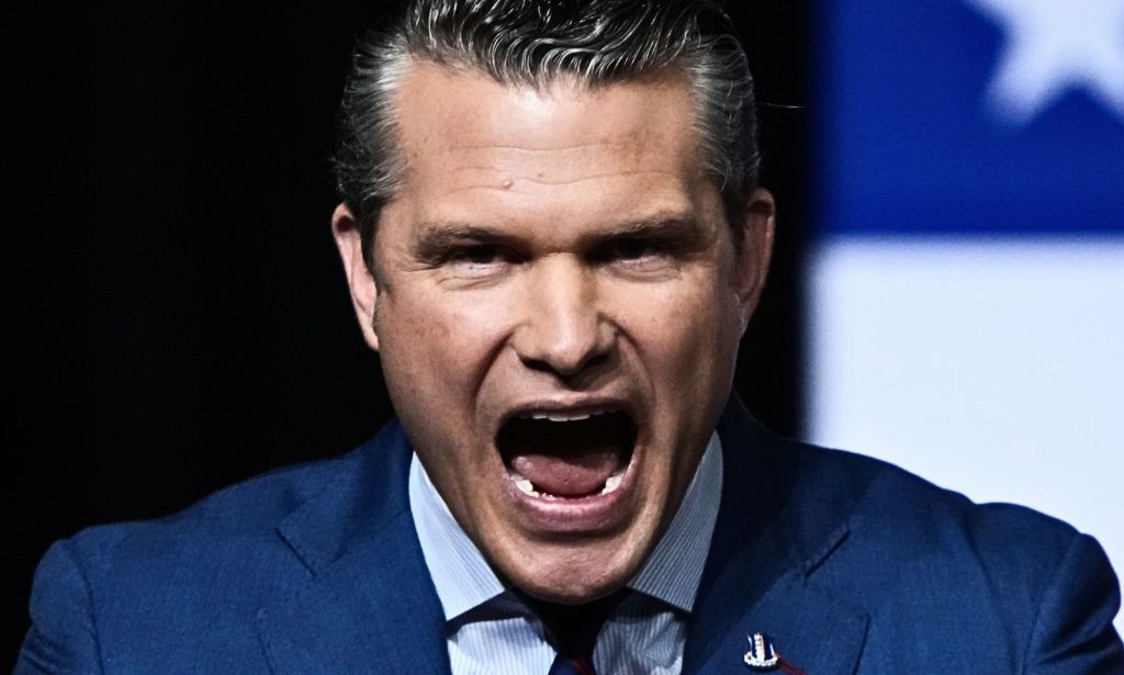 Pete Hegseth, pictured with his mouth open.
