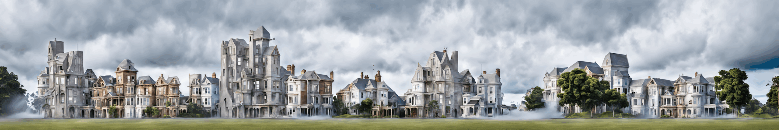 An AI-generated image of grey victorian homes surrounded by fog and trees against a cloudy sky.