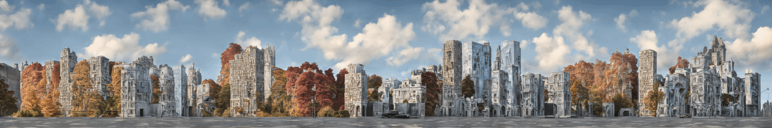 An AI-generated image of tall, multilayered buildings surrounded by fall foliage against a blue sky with white clouds.
