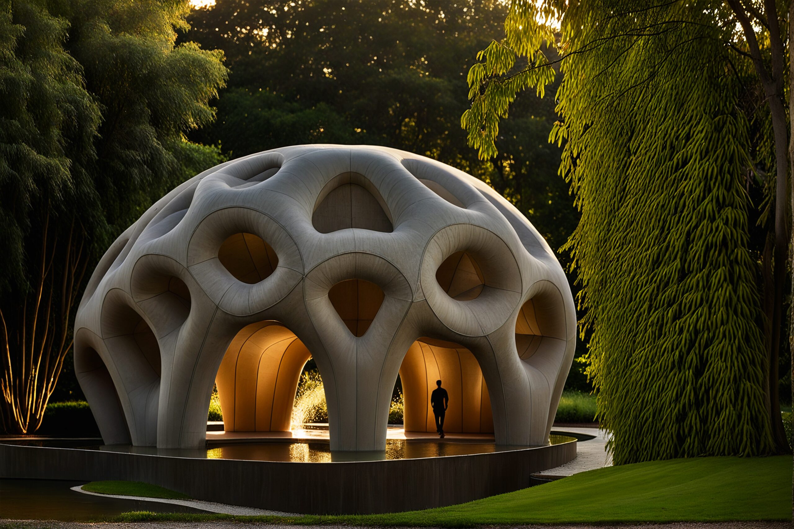 An AI-generated image of an inflatable concrete structure with many openings over a manmade pond surrounded by trees.