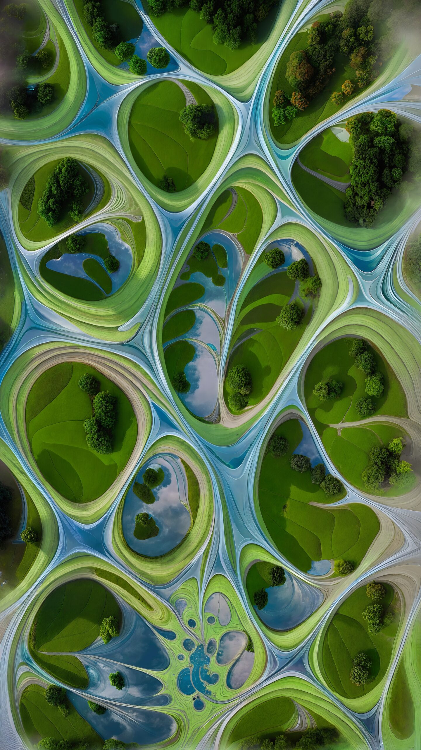 An AI-generated image of green islands with trees dissected by swirls of blue.