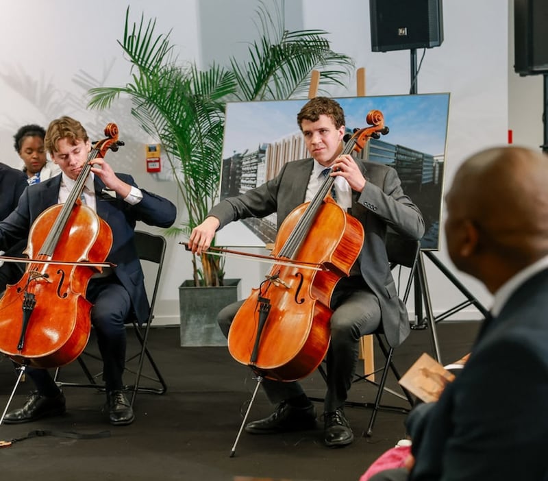 Two missionaries perform “This Is the Christ” on cello at the site dedication of the Brussels Belgium Temple in Brussels, Belgium, on Saturday, Nov. 22, 2025.