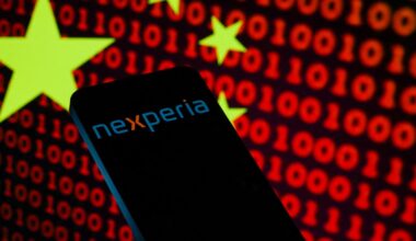 The Nexperia logo is displayed on a mobile phone in this photo illustration in Brussels, Belgium, on October 31, 2025. (Photo by Jonathan Raa/NurPhoto) (Photo by Jonathan Raa / NurPhoto via AFP)