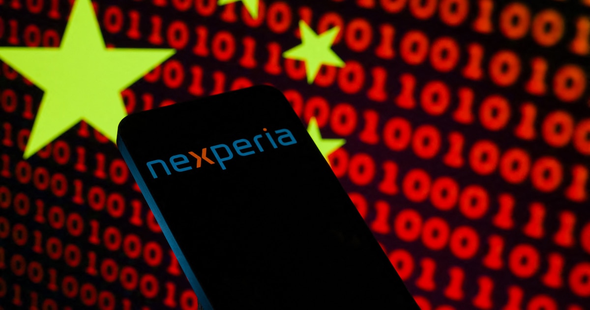 The Nexperia logo is displayed on a mobile phone in this photo illustration in Brussels, Belgium, on October 31, 2025. (Photo by Jonathan Raa/NurPhoto) (Photo by Jonathan Raa / NurPhoto via AFP)