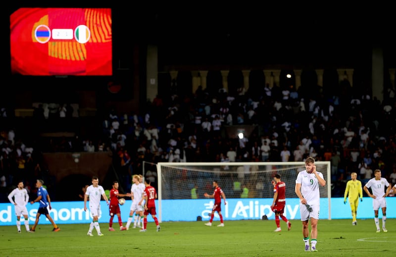 Evan Ferguson dejected after the loss away to Armenia. Photograph: Ryan Byrne/Inpho