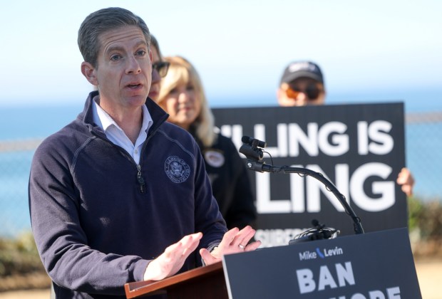 SOLANA BEACH, CA - NOVEMBER 25, 2025: Congressman Mike Levin speaks during a press conference, joined by local elected officials and environmental groups, criticizing the Trump Administration's decision to allow more oil drilling off the Southern California coast at the Fletcher Cove Community Center in Solana Beach on Tuesday, November 25, 2025. (Hayne Palmour IV / For The San Diego Union-Tribune)