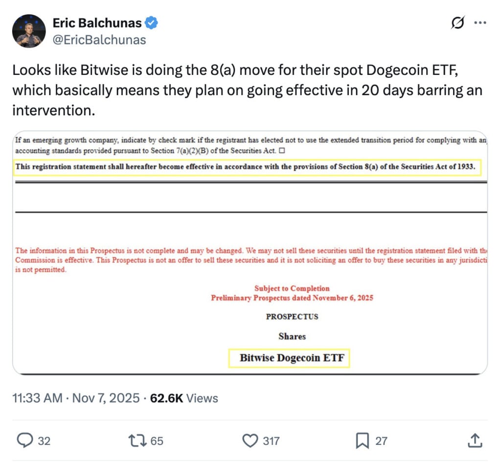 Move over Bitcoin boomers — Dogecoin just slipped its paw under the velvet ETF rope. Bitwise hit the SEC with a Section 8(a) filing that triggers a 20-day automatic countdown. Translation: unless the SEC wakes up and slaps the buzzer, a spot DOGE ETF could hit U.S. markets before November wraps.